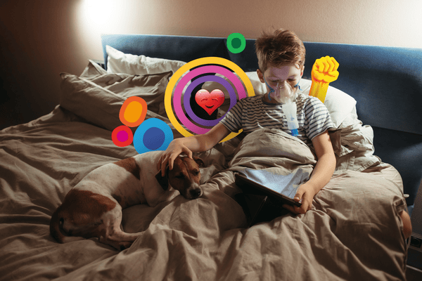 Sick boy in bed with dog