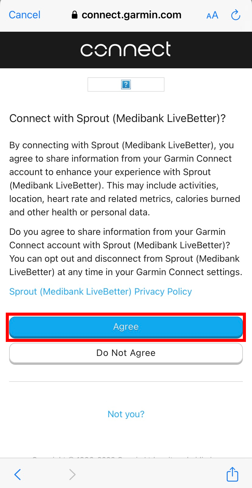 Confirmation message about connecting Sprout (Medibank Live Better) to your Garmin app to track your progress. Agree button has been selected. 