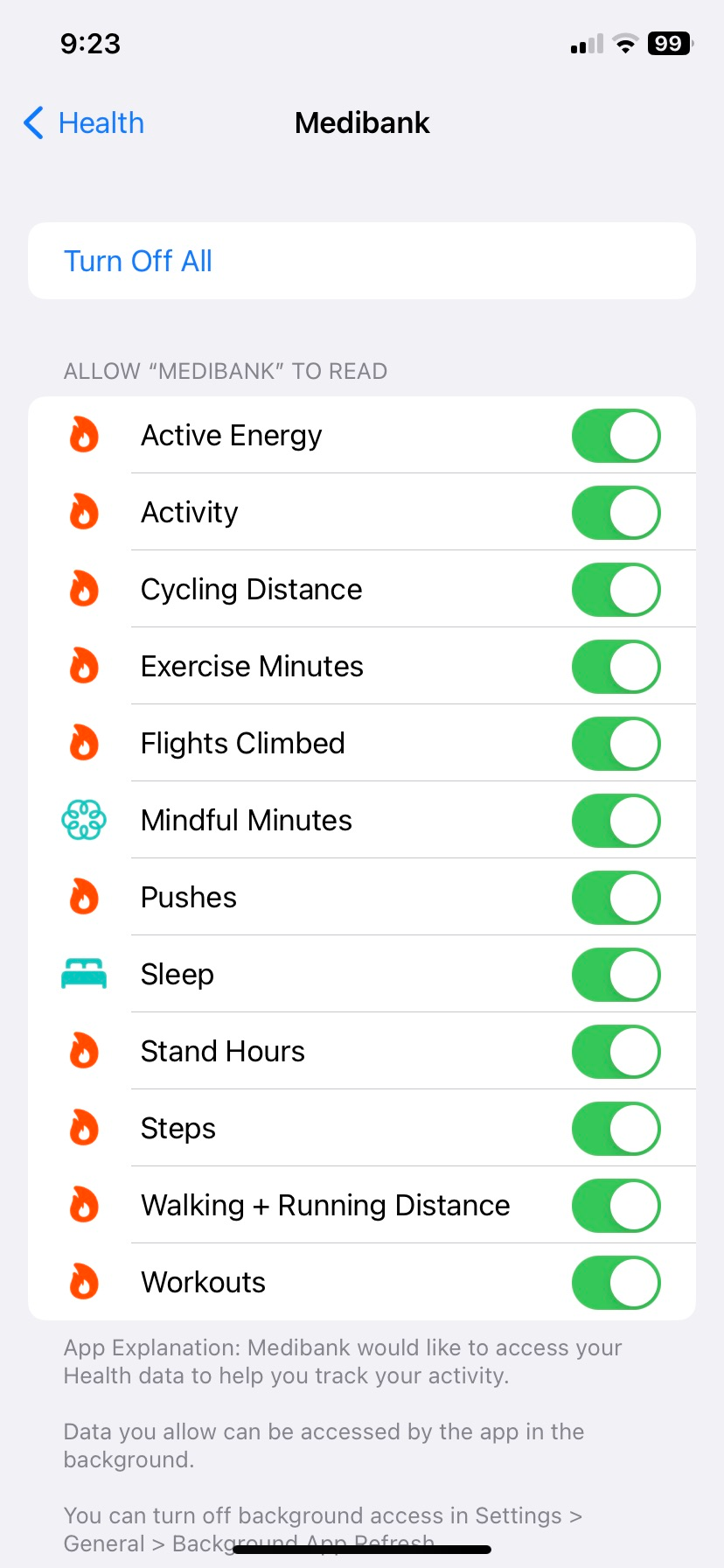 Turn on the toggles for Steps. Option for wheelchair mode is also available. All options are under the Medibank section, under health, under the Security & Privacy settings app on iPhone