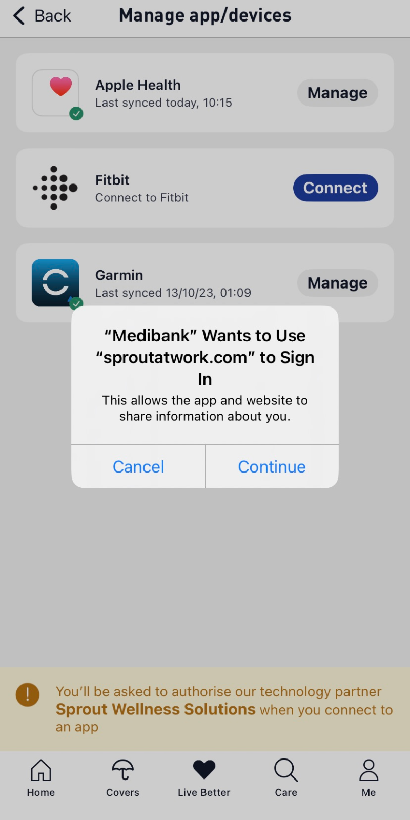 Fitbit option under Manage app/devices section on iPhone settings