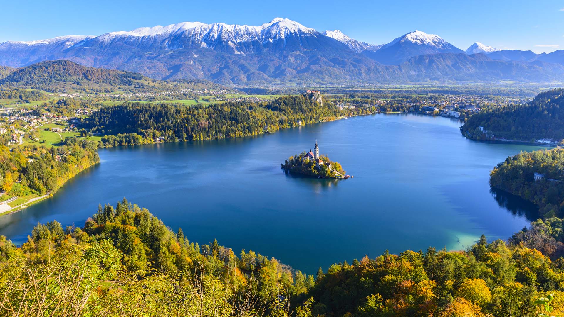 Panoramic view of Lake Bled from Mt. Osojnica, Slovenia
