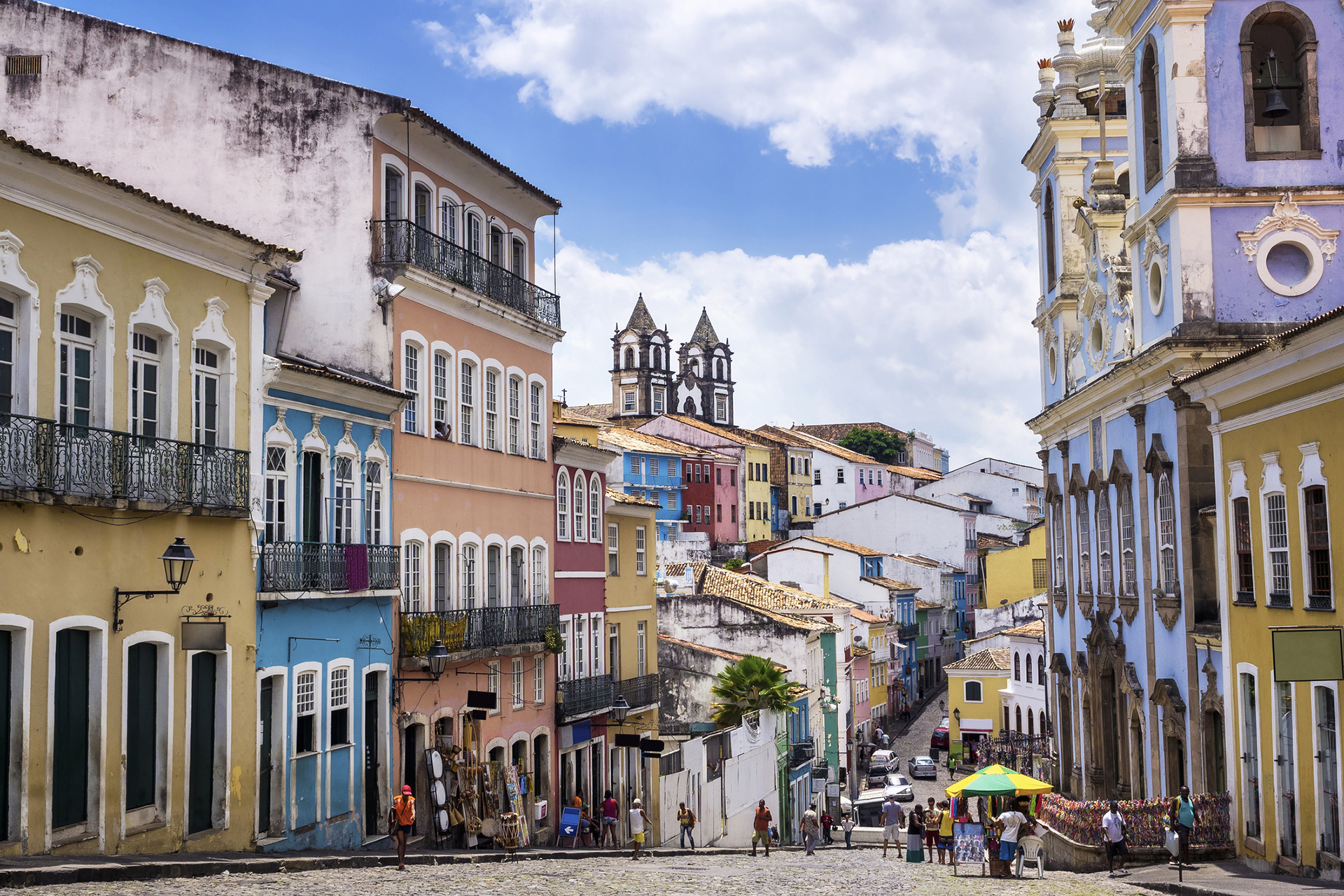 Salvador da Bahia, Brazil - April 2, 2015: View of the colourful colonial houses at the historic district of Pelourinho in Salvador da Bahia, Brazil.