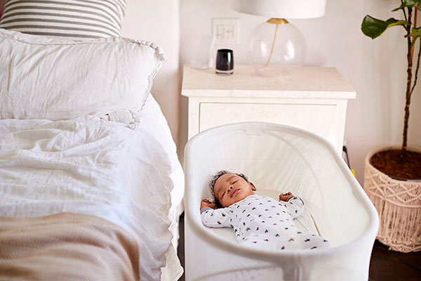 A sleeping newborn in its bassinet A sleeping newborn in its bassinet