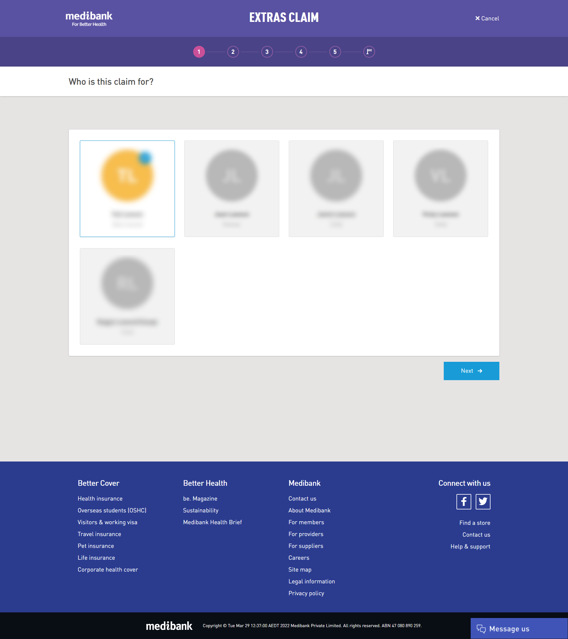 Selecting who the claim is for on My Medibank online