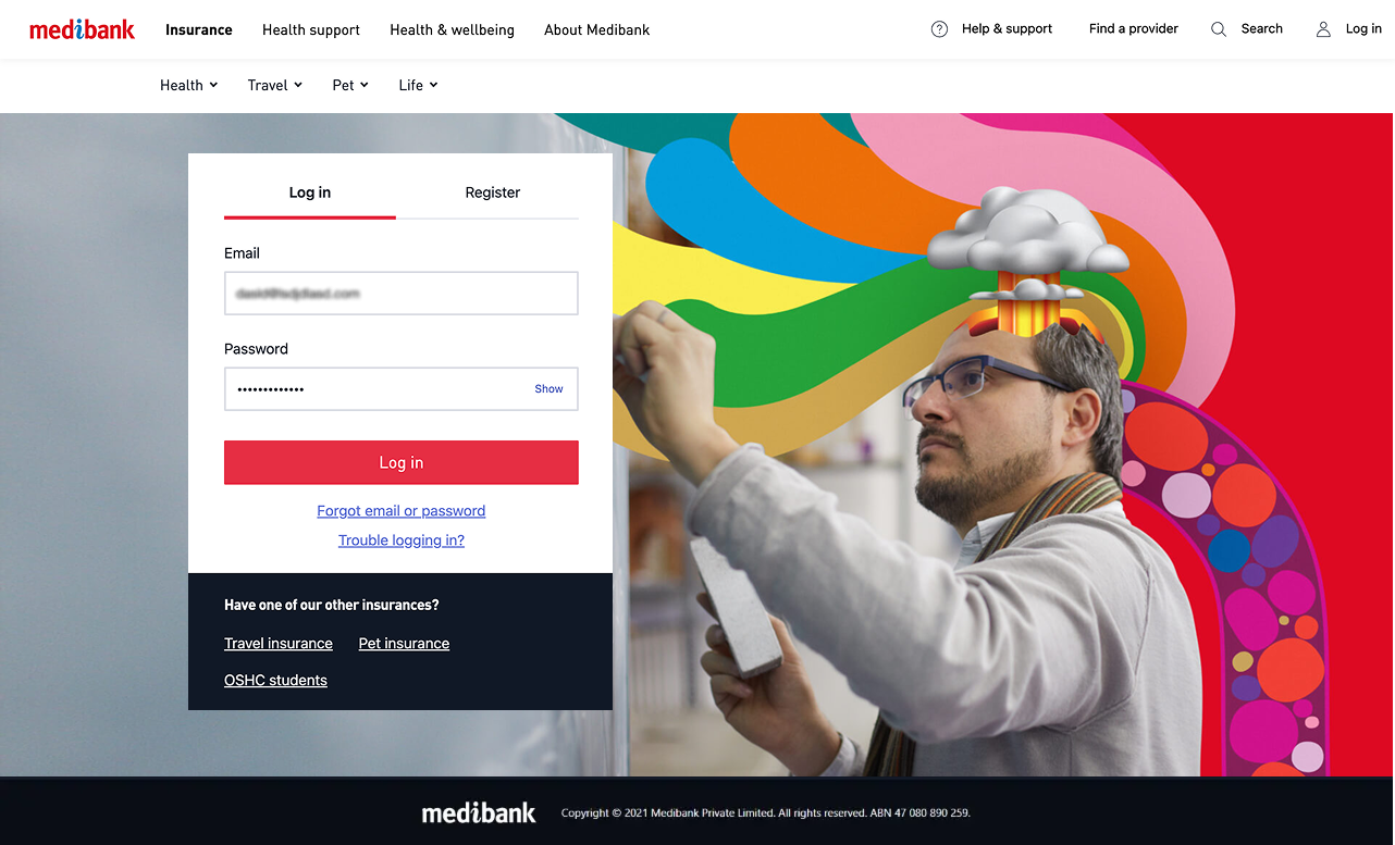 Login screen for My Medibank website