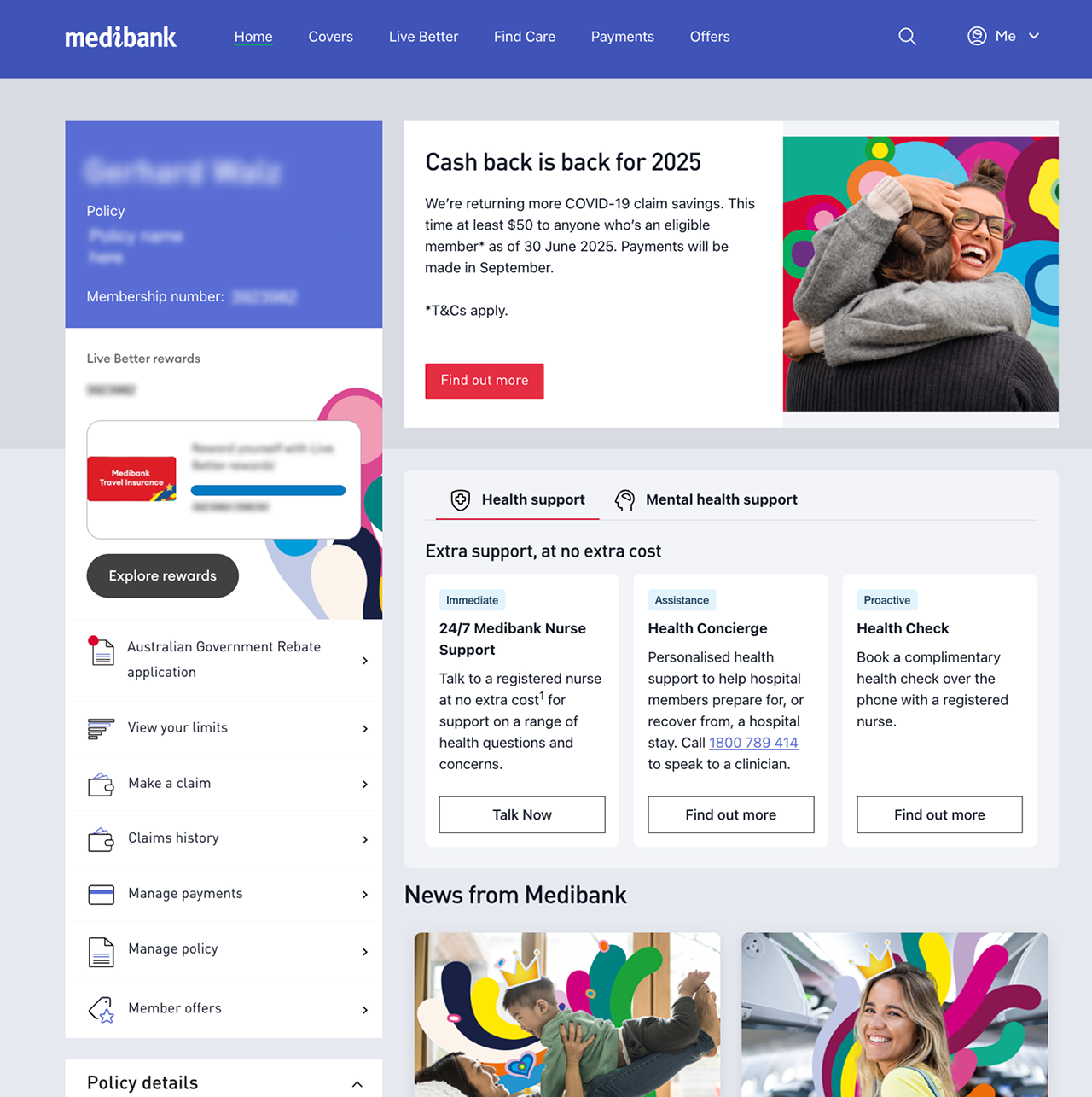 Click Payments in My Medibank on the web