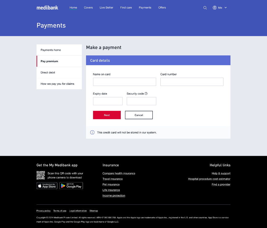 Enter your card details in My Medibank on the web
