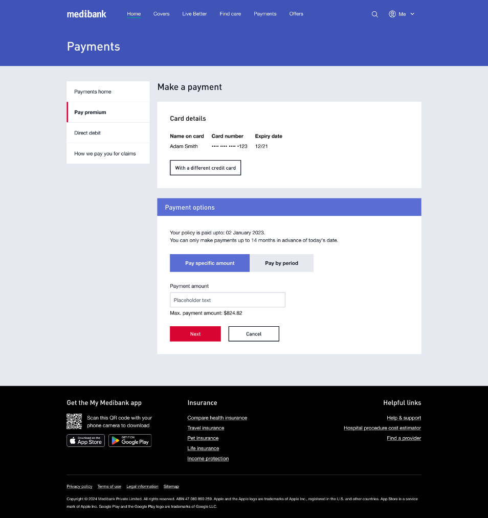 Pay your premium by a specific amount in My Medibank on the web