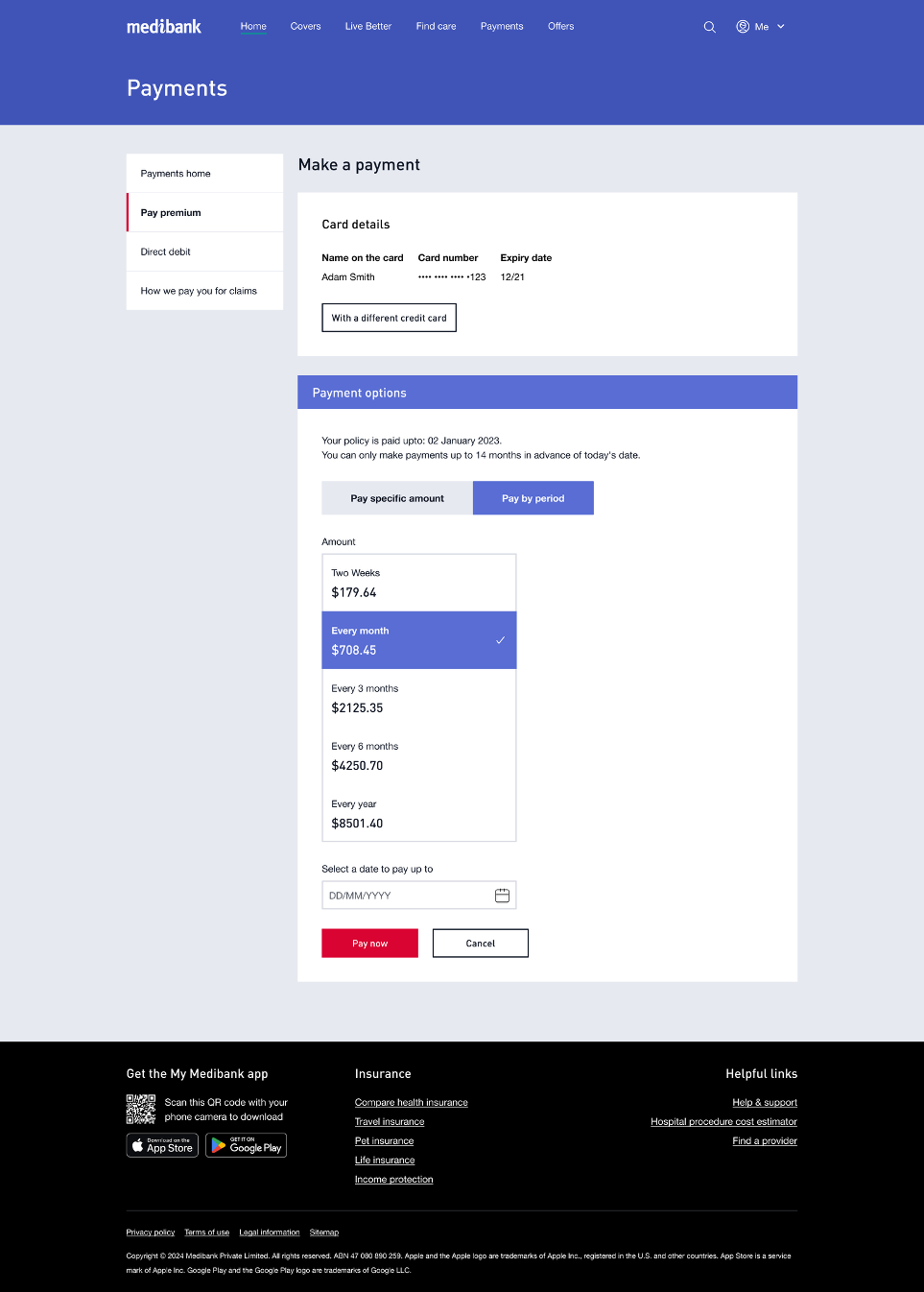 Pay your premium by period in My Medibank on the web