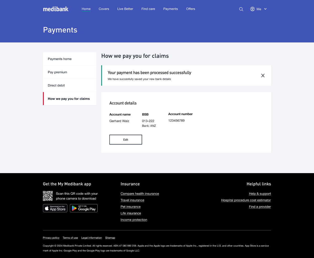 Confirm EFT details are set up in My Medibank online