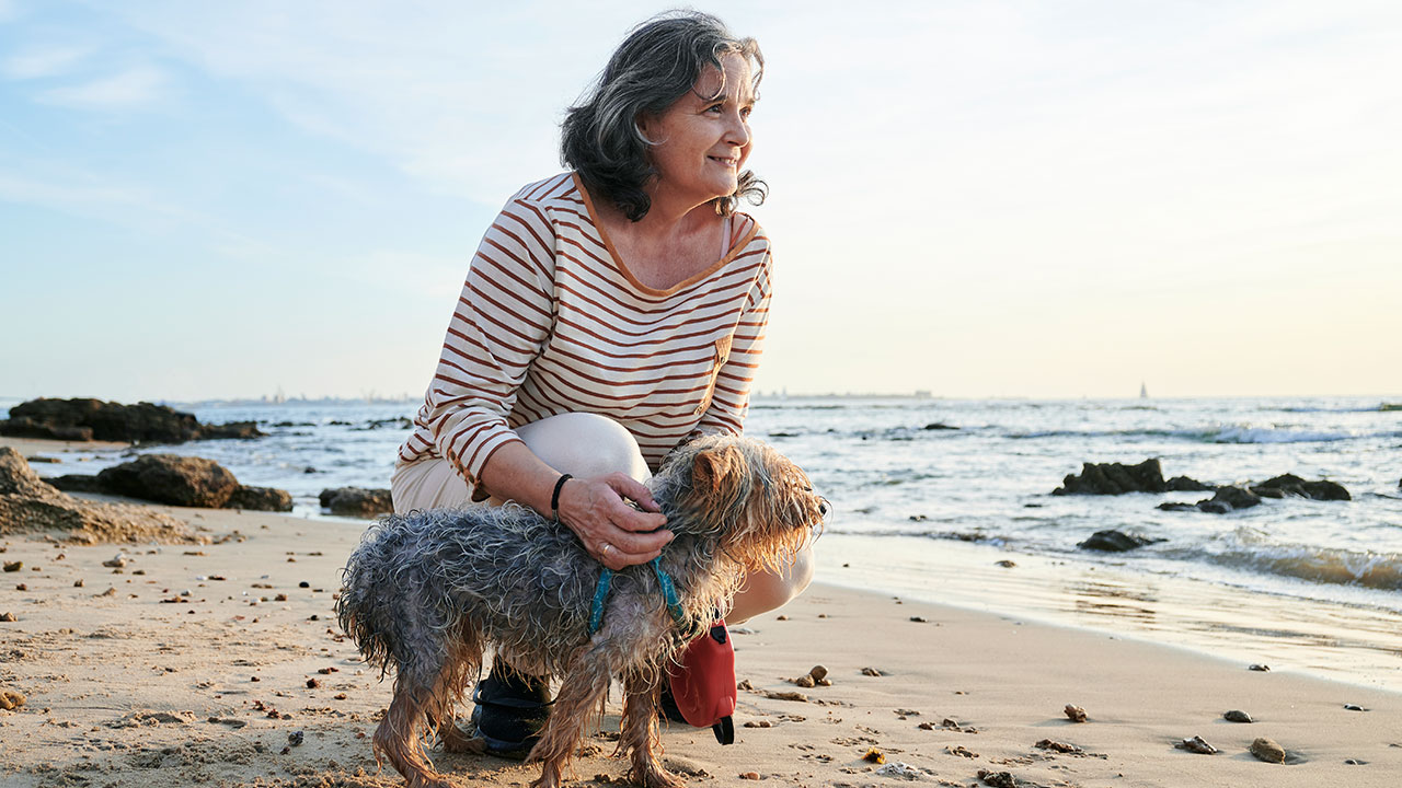 woman crouching with dog at the beach woman crouching with dog at the beach