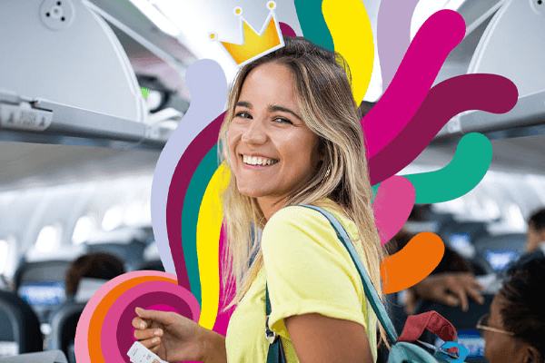 Happy woman boarding plane